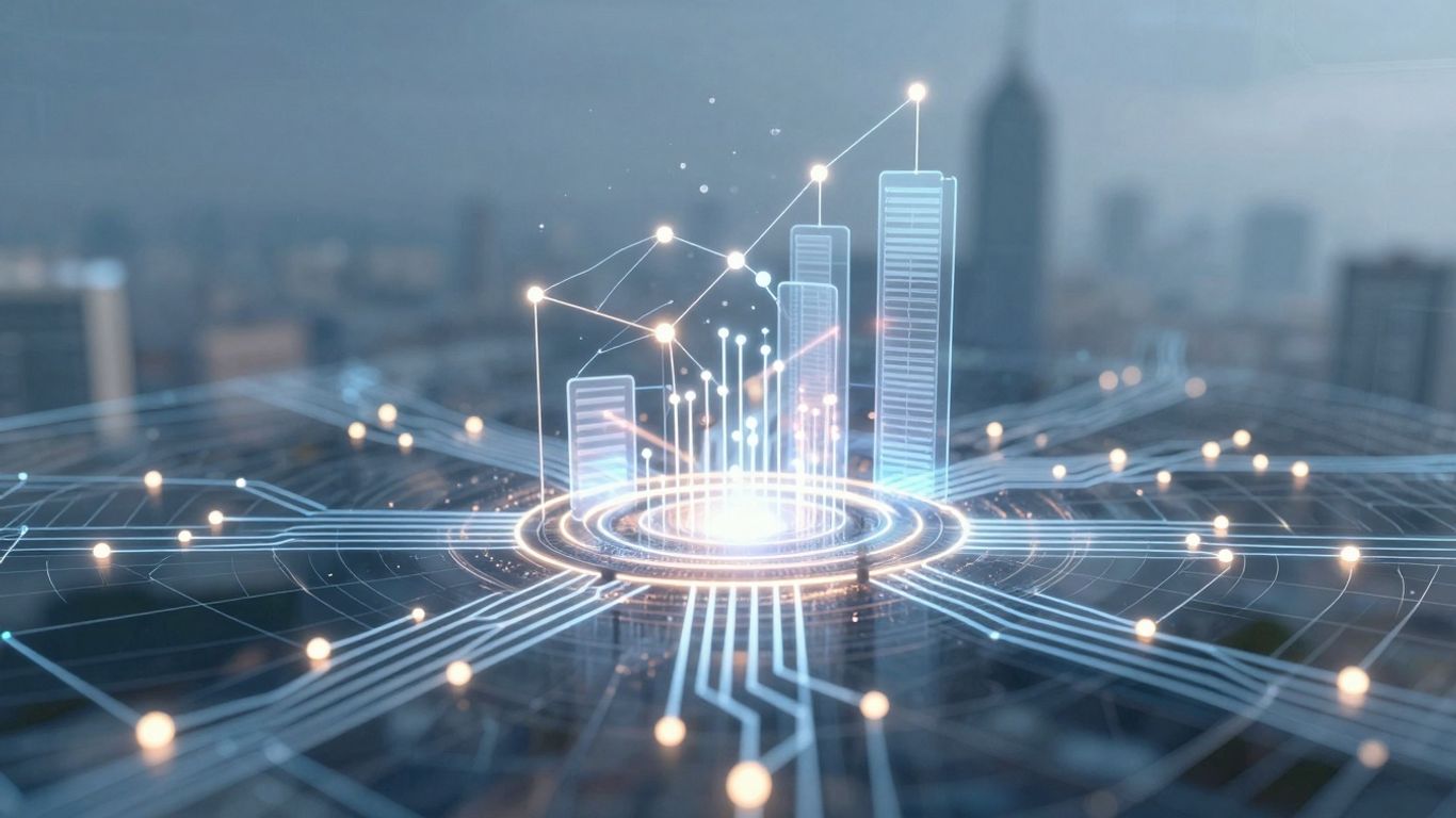 Digital blueprint with secure network and data flow.