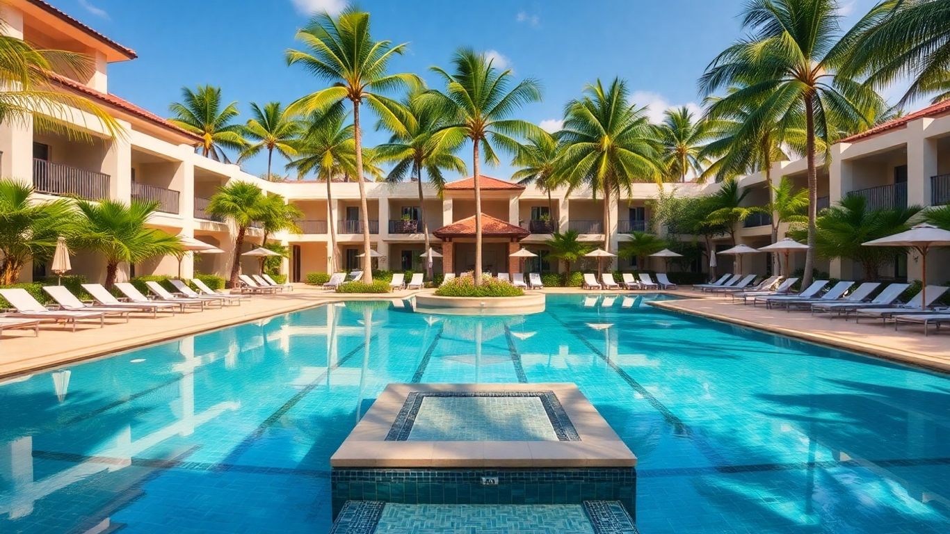 Resort cu piscină și palmieri în Port Douglas, Australia