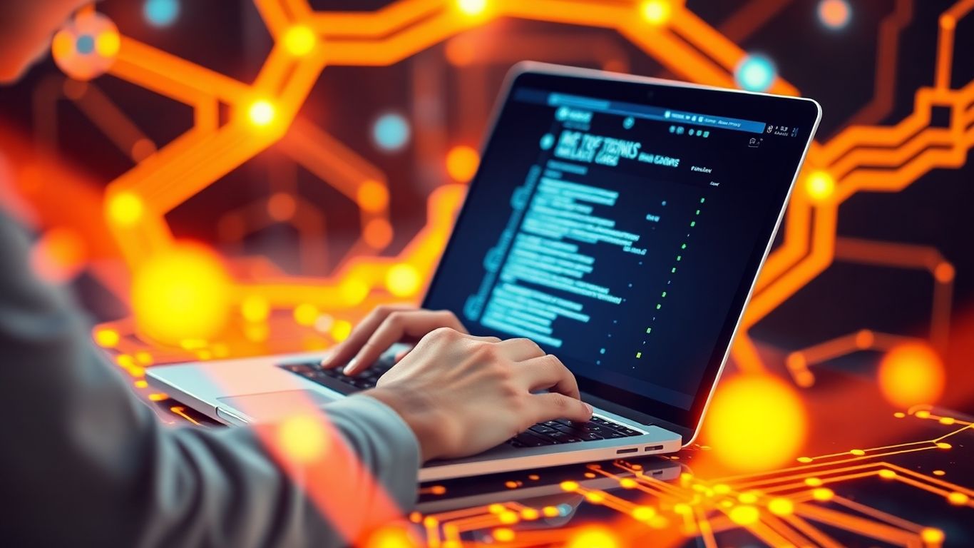 Person typing on laptop with futuristic digital elements.