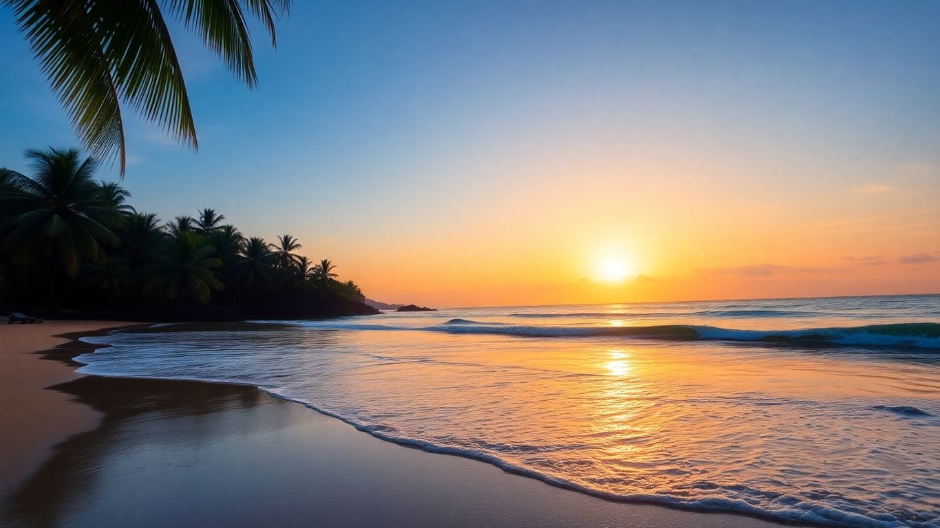 Serene Balinese beach at sunset with palm trees.