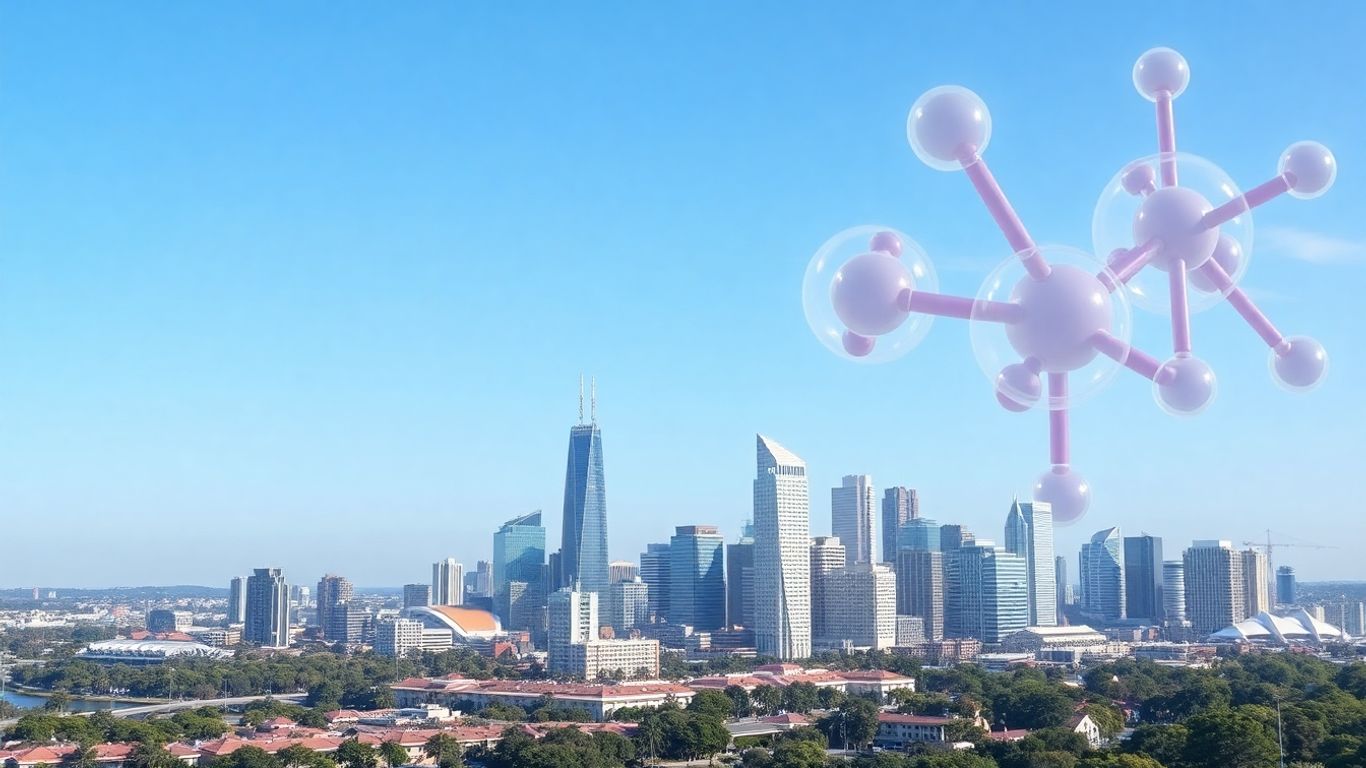 Brisbane cityscape with molecular structures overlay