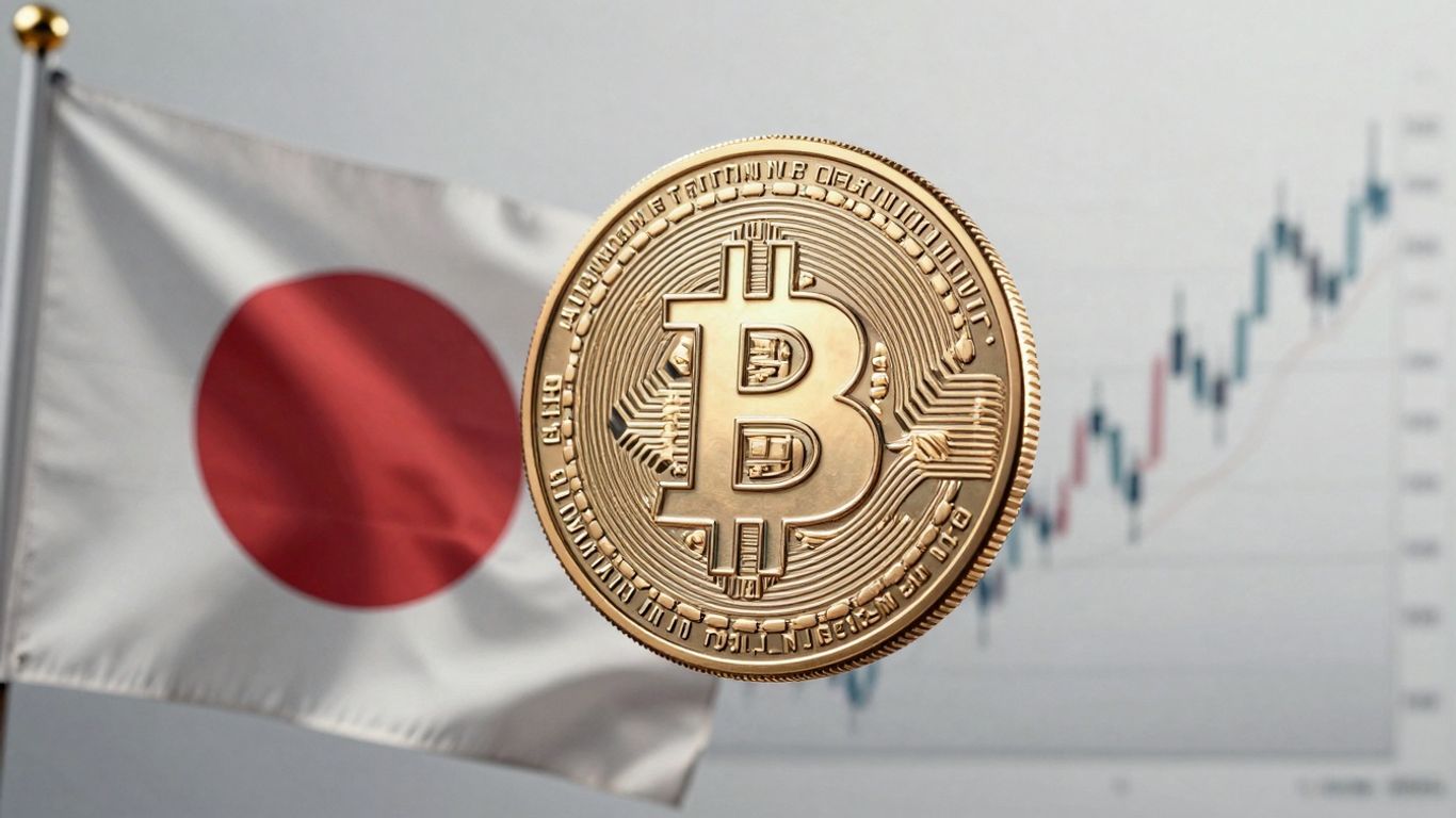 Japanese flag and glowing cryptocurrency coin with abstract financial chart.
