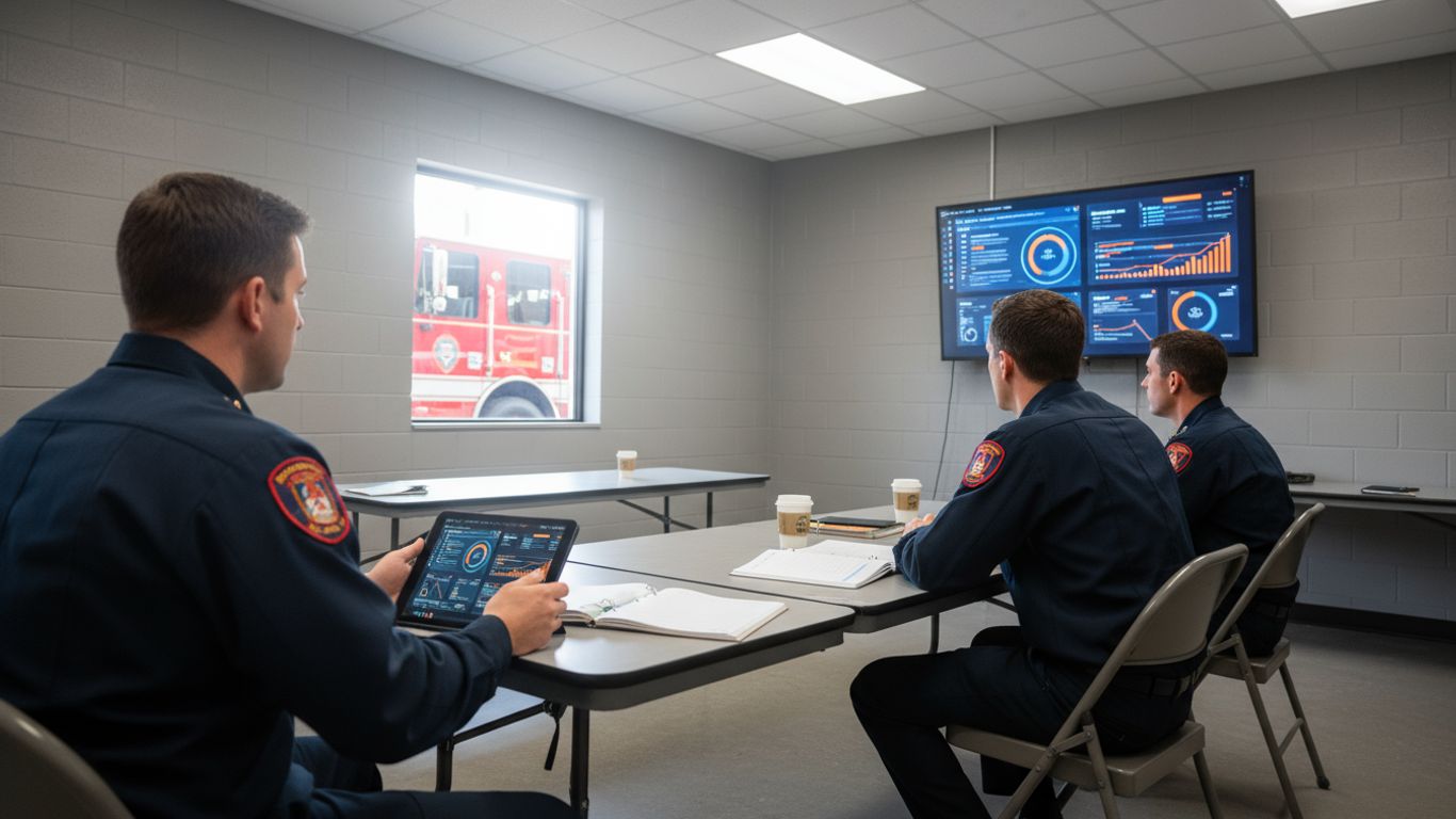 Firefighters in a meeting room looking at data on a screen and tablet.
