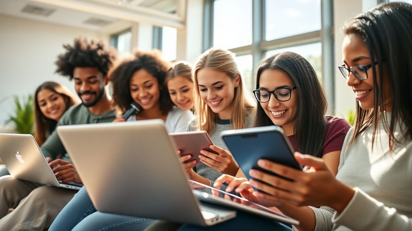 Pessoas estudando em computadores e tablets.