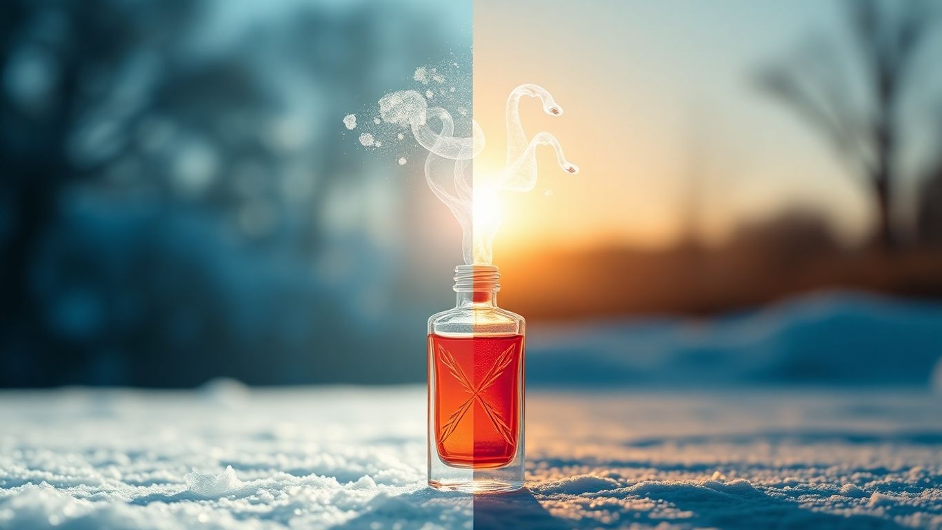 Perfume bottle in hot and cold weather settings.
