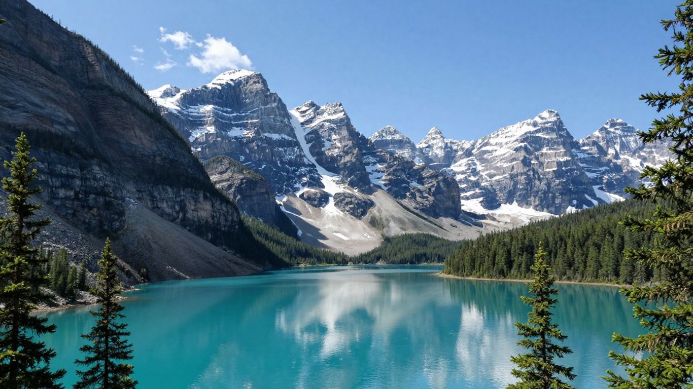 Majestic Canadian Rockies with a turquoise lake and pine forests.