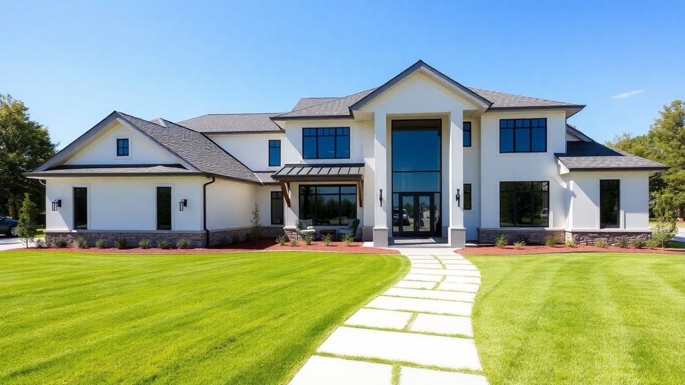 Modern custom home exterior with manicured lawn