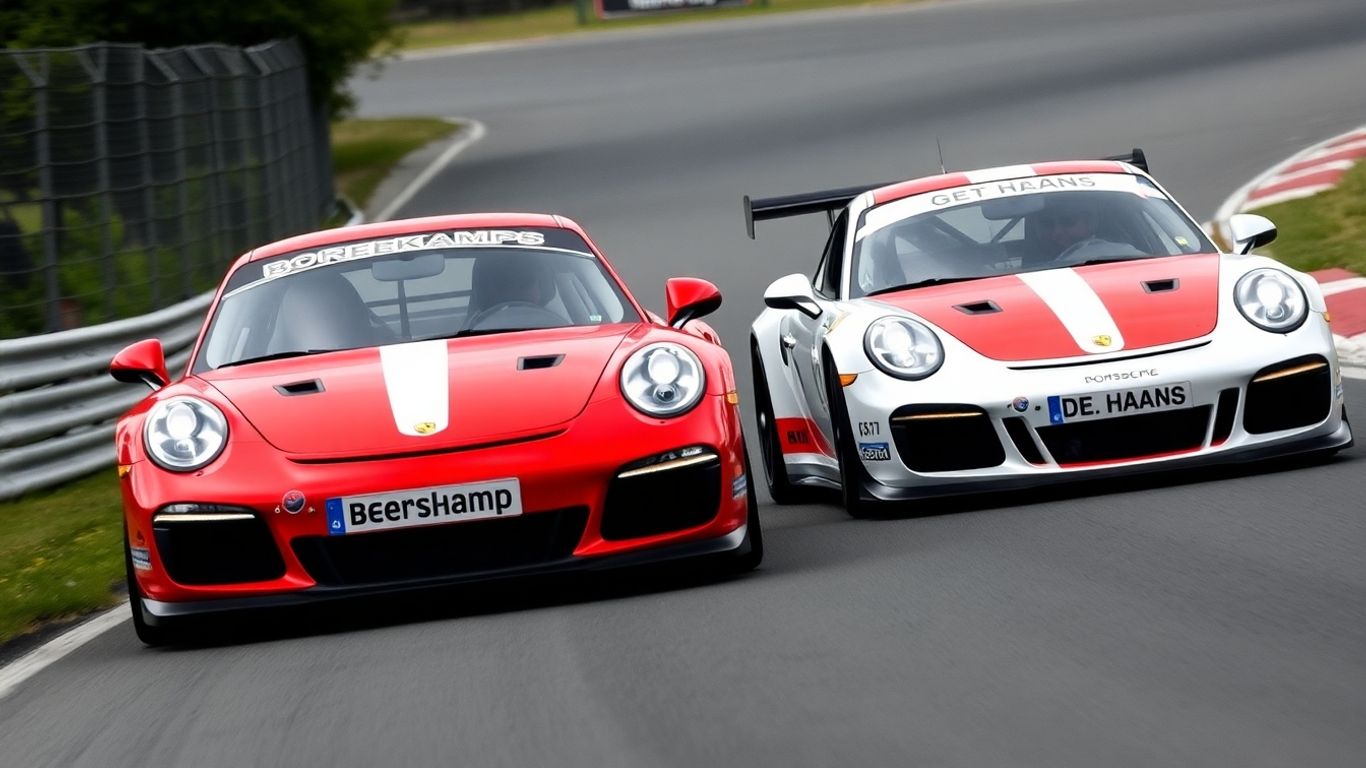 Porsche race cars battling for the lead on track.