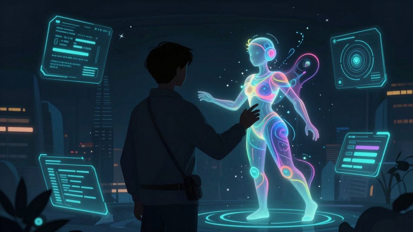 AI and human interacting in a futuristic digital space.