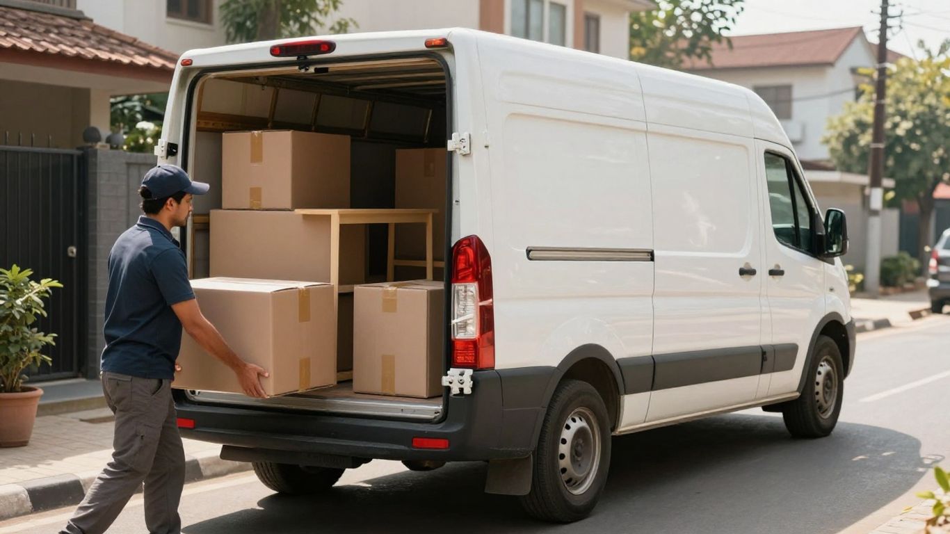 Movers loading a truck with packed boxes and furniture.