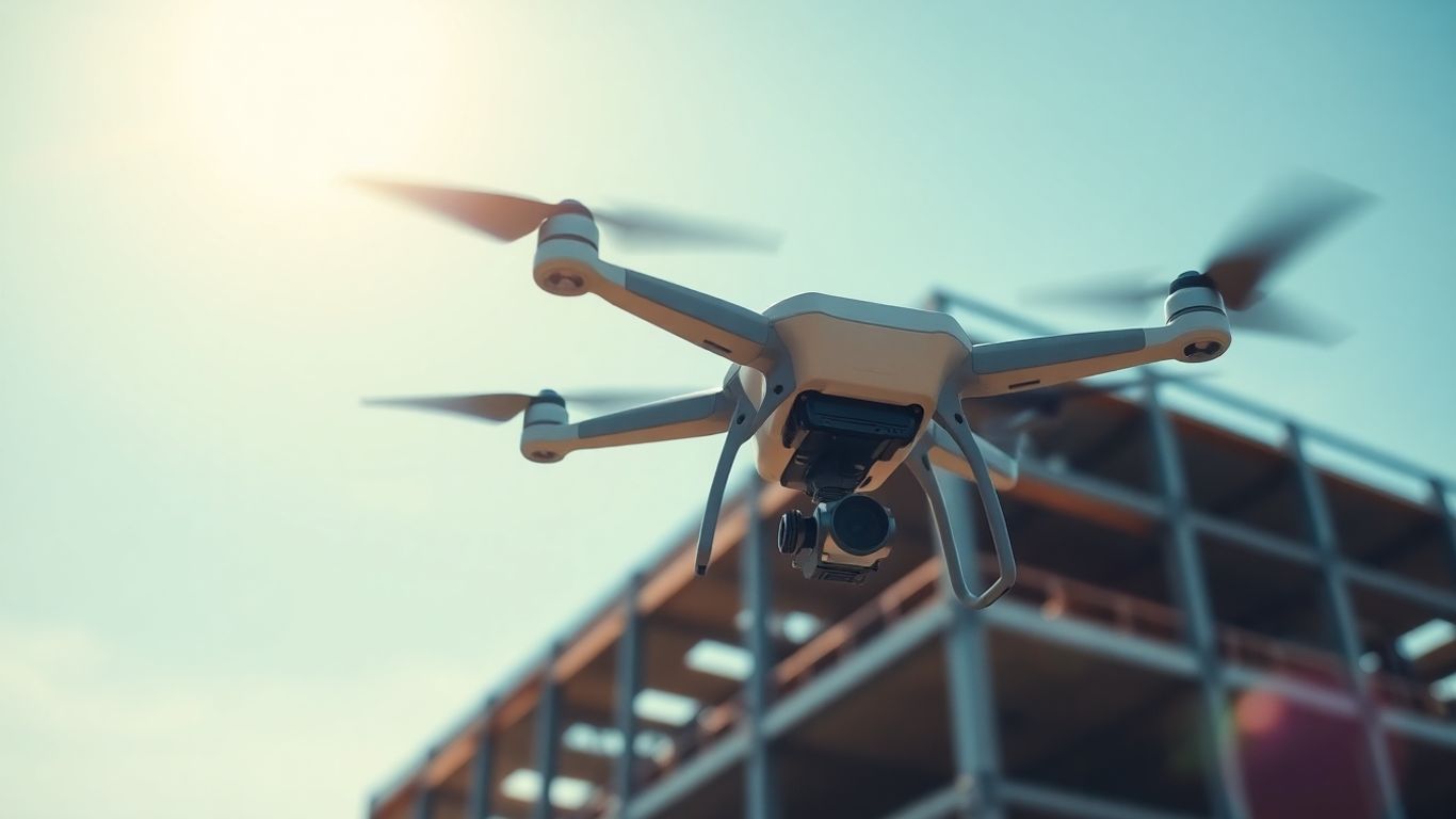 Drone inspecting a construction building from above.