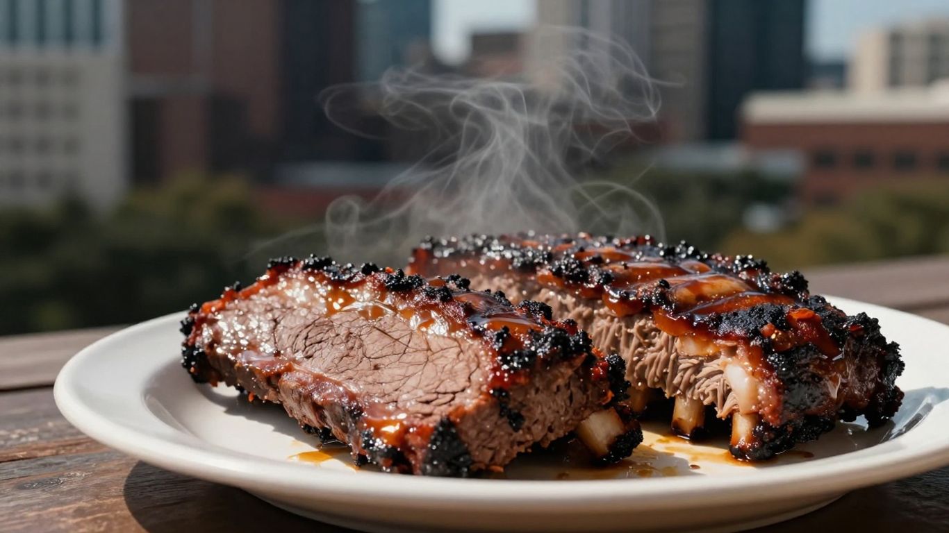 Delicious Texas barbecue plate with Austin skyline background.
