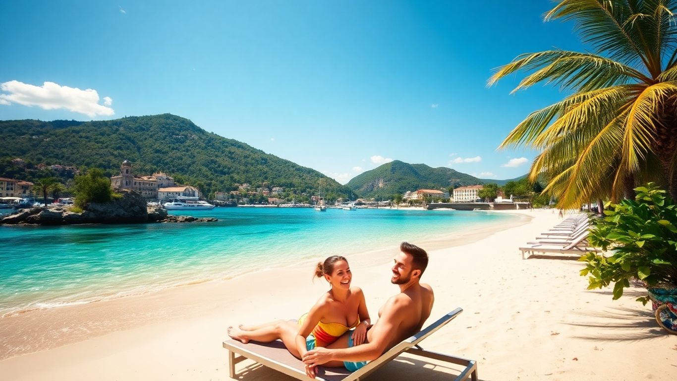 Couple relaxing on a sunny beach holiday.