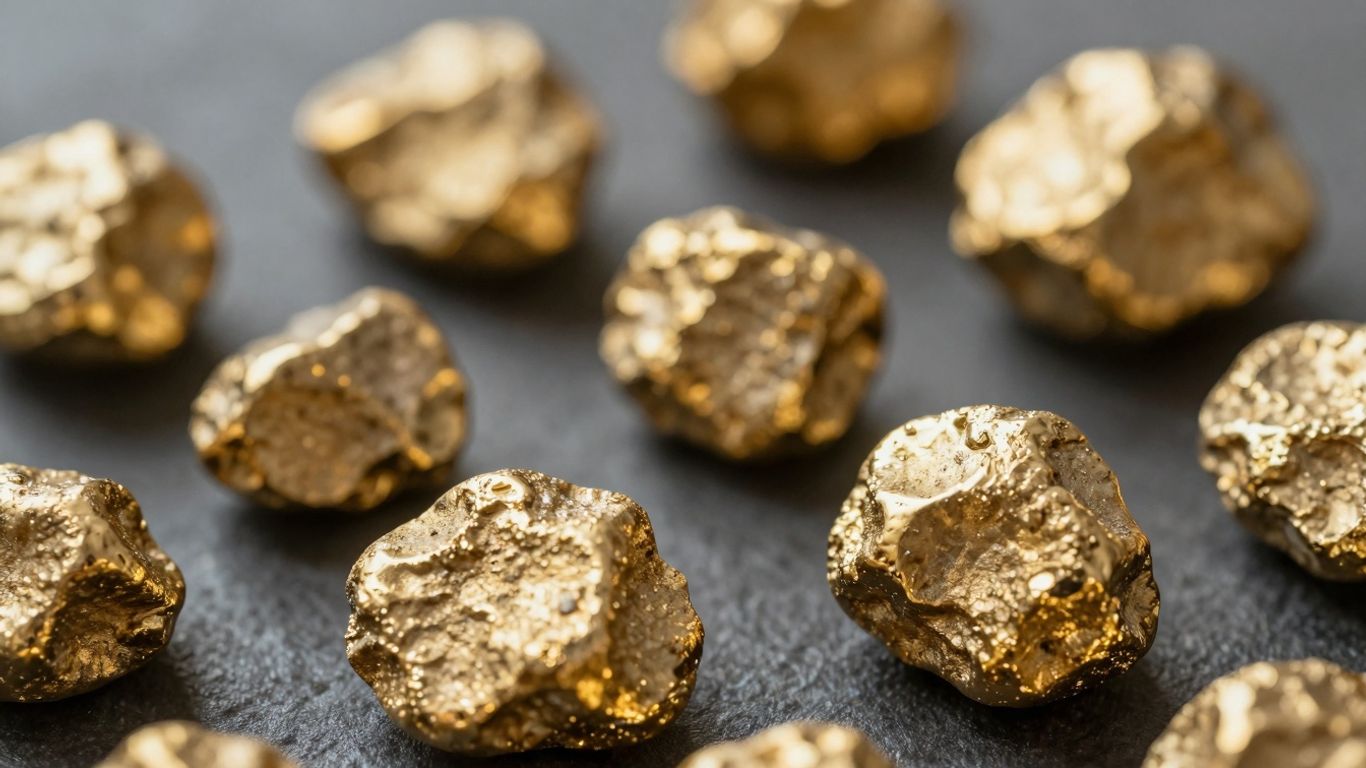 Gold nuggets of various sizes and shapes.