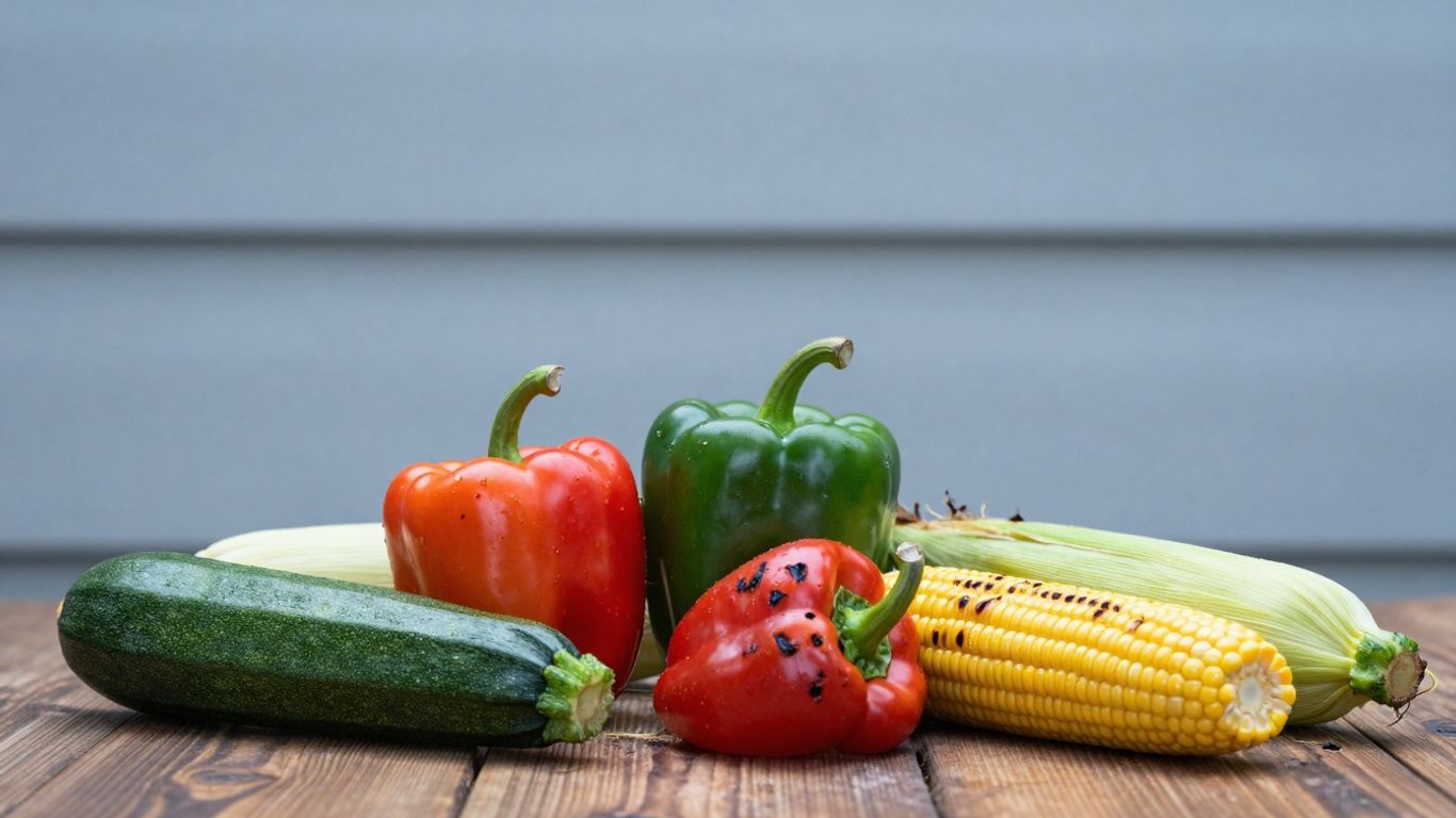 Colorful grilled vegetables on a wooden surface, ready for BBQ.