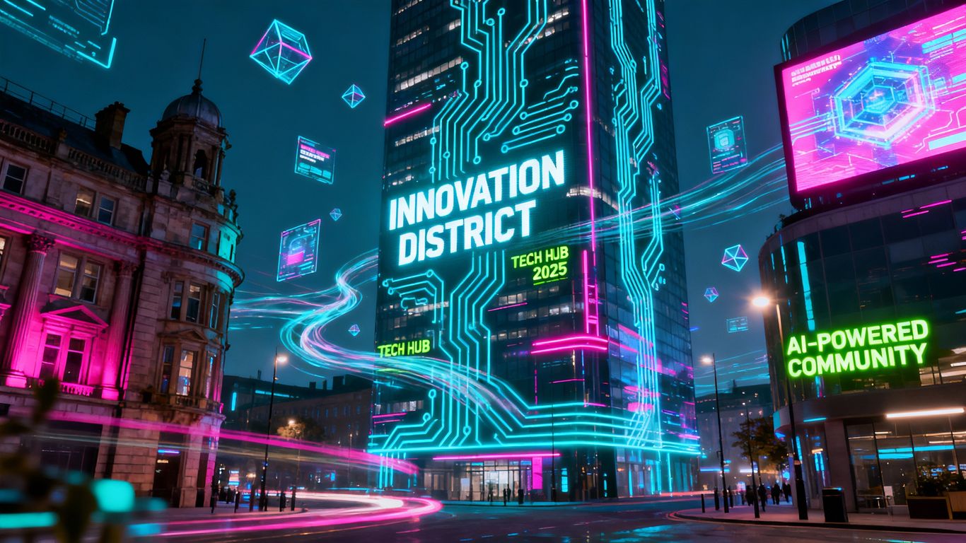 Barnsley cityscape with AI digital overlays, signifying tech innovation.