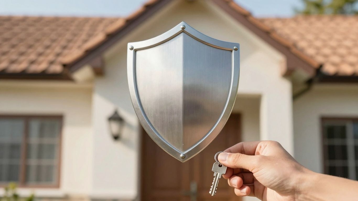 Casa con escudo protector y mano con llave.