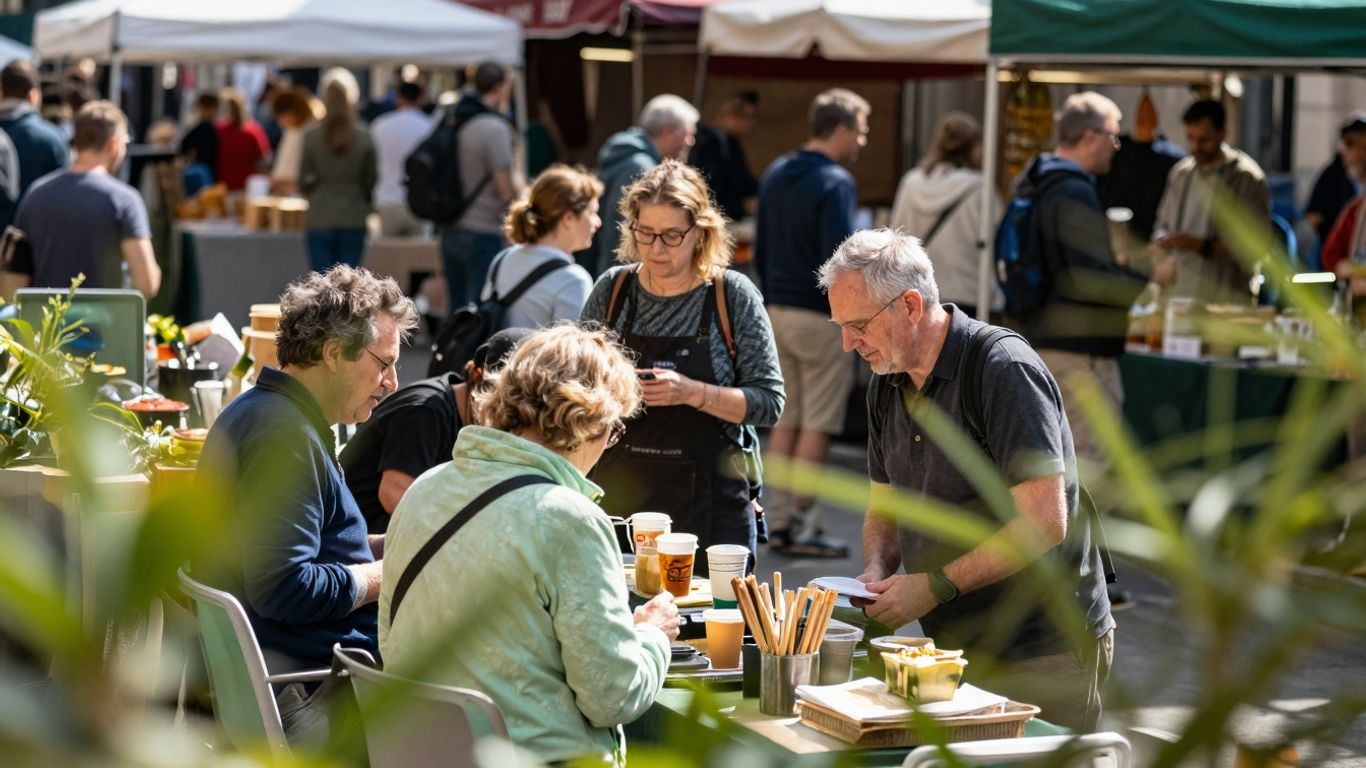 Westminster street market with food stalls and people.