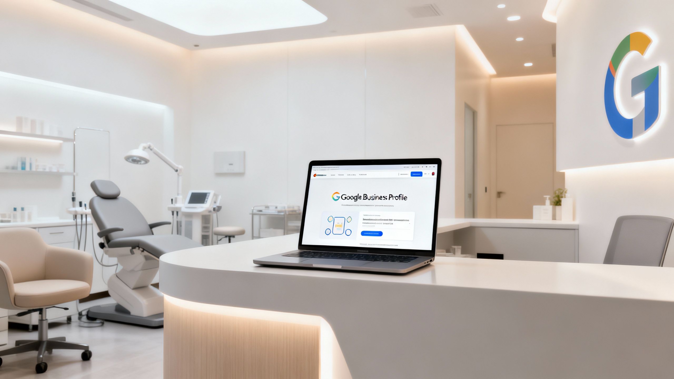 Aesthetic clinic with a laptop showing Google Business Profile.