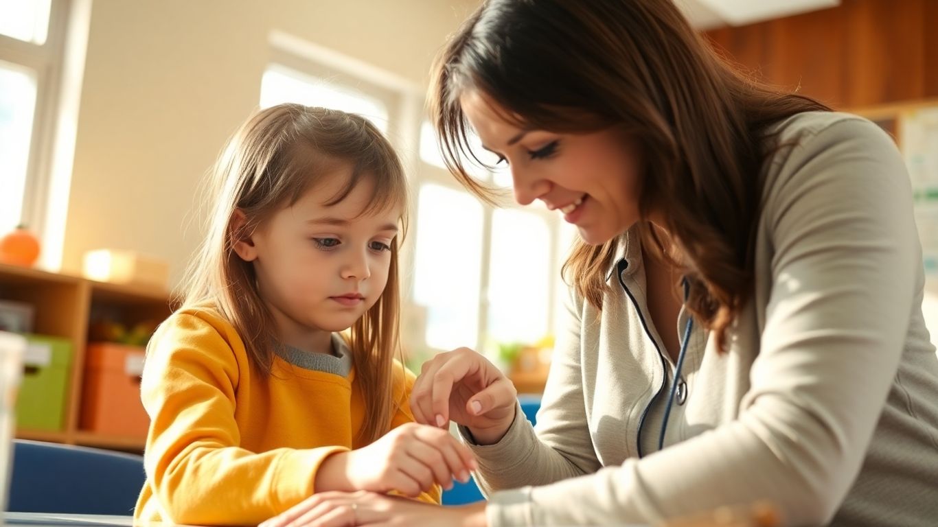 Profesor ajutând un copil la învățat.