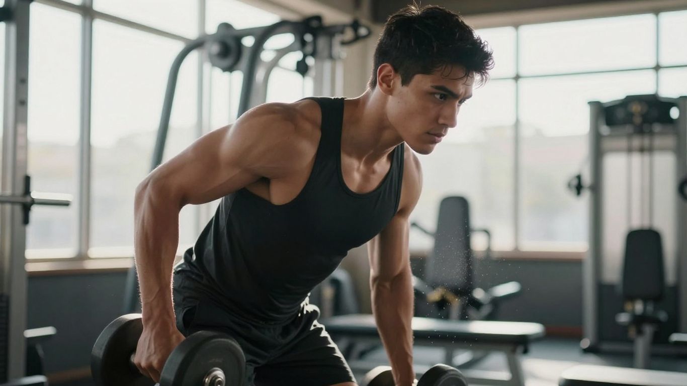 Person exercising intensely in a bright, modern gym.