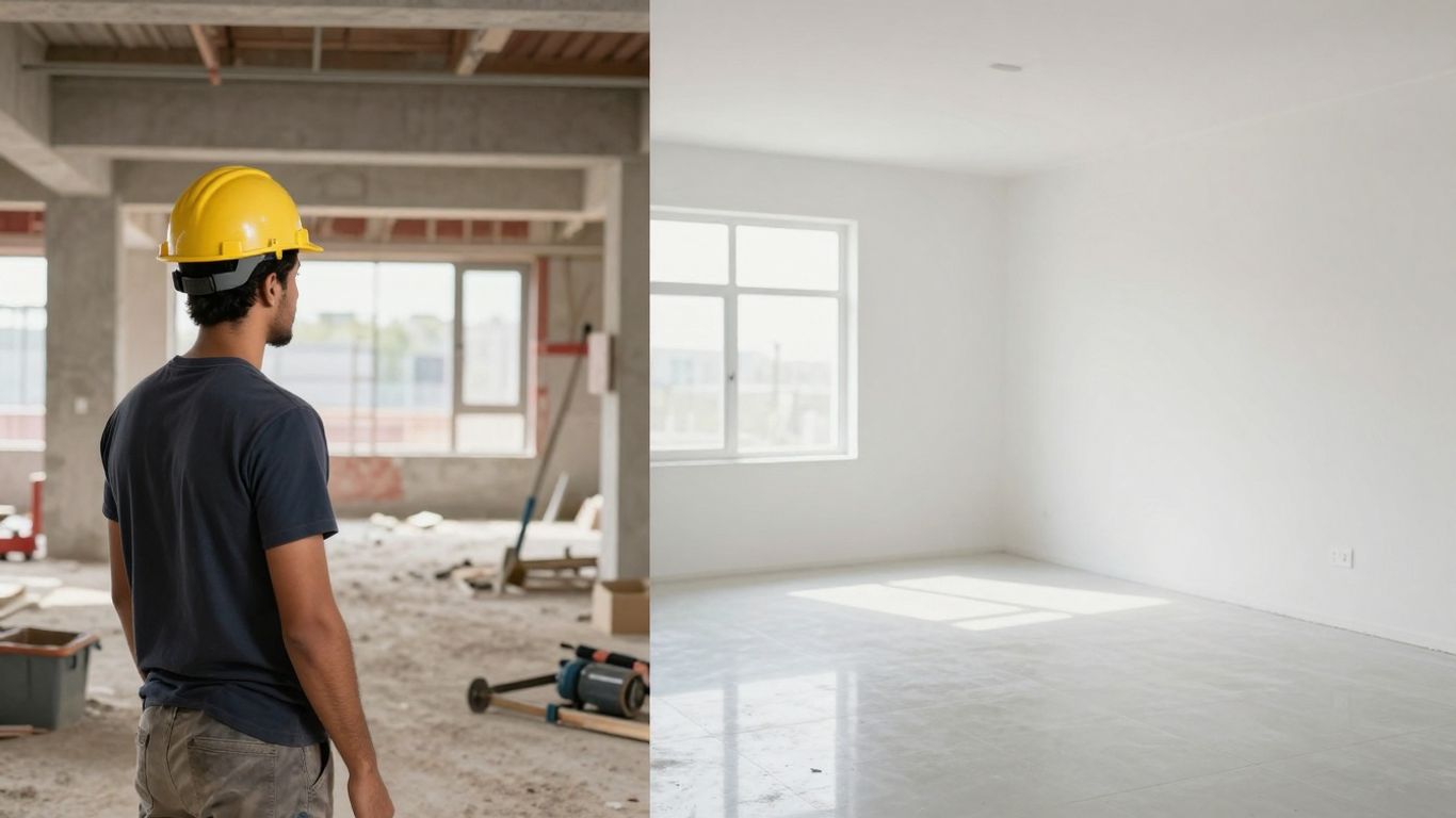 Remodel cleaning services: dusty construction vs. sparkling clean room.