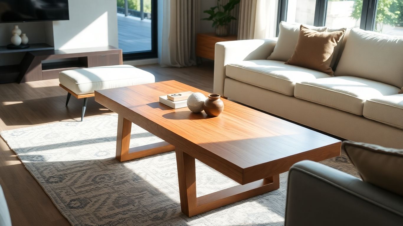 Rectangle wood coffee table in a modern living room.