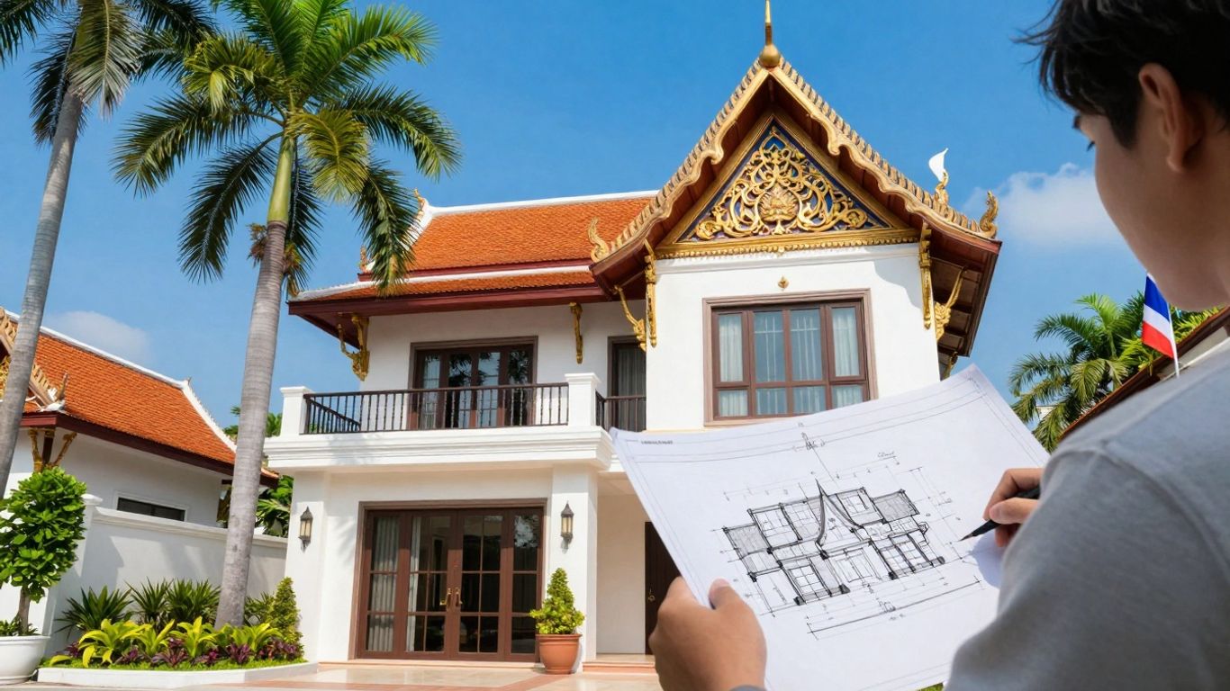 Phuket villa with Thai flag and property plans.
