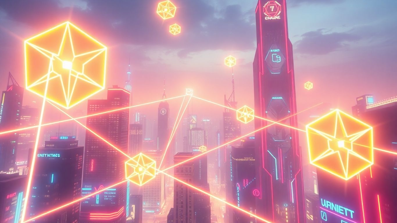 Futuristic cityscape with digital streams and abstract shapes.