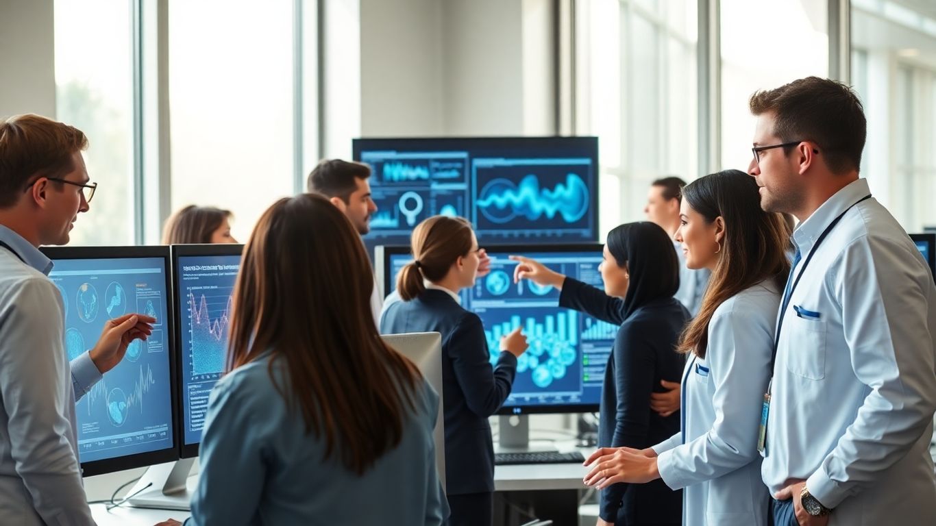 Healthcare professionals using EHR systems in a modern office.
