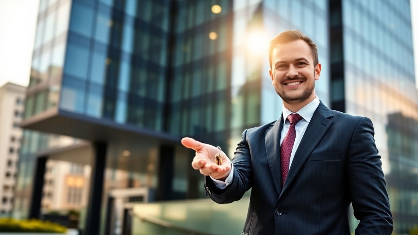 Mortgage broker holding keys outside office