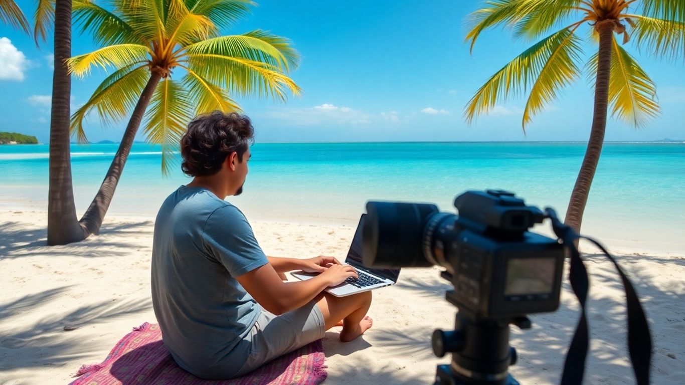 Blogger vlogging on a tropical beach with laptop and camera.