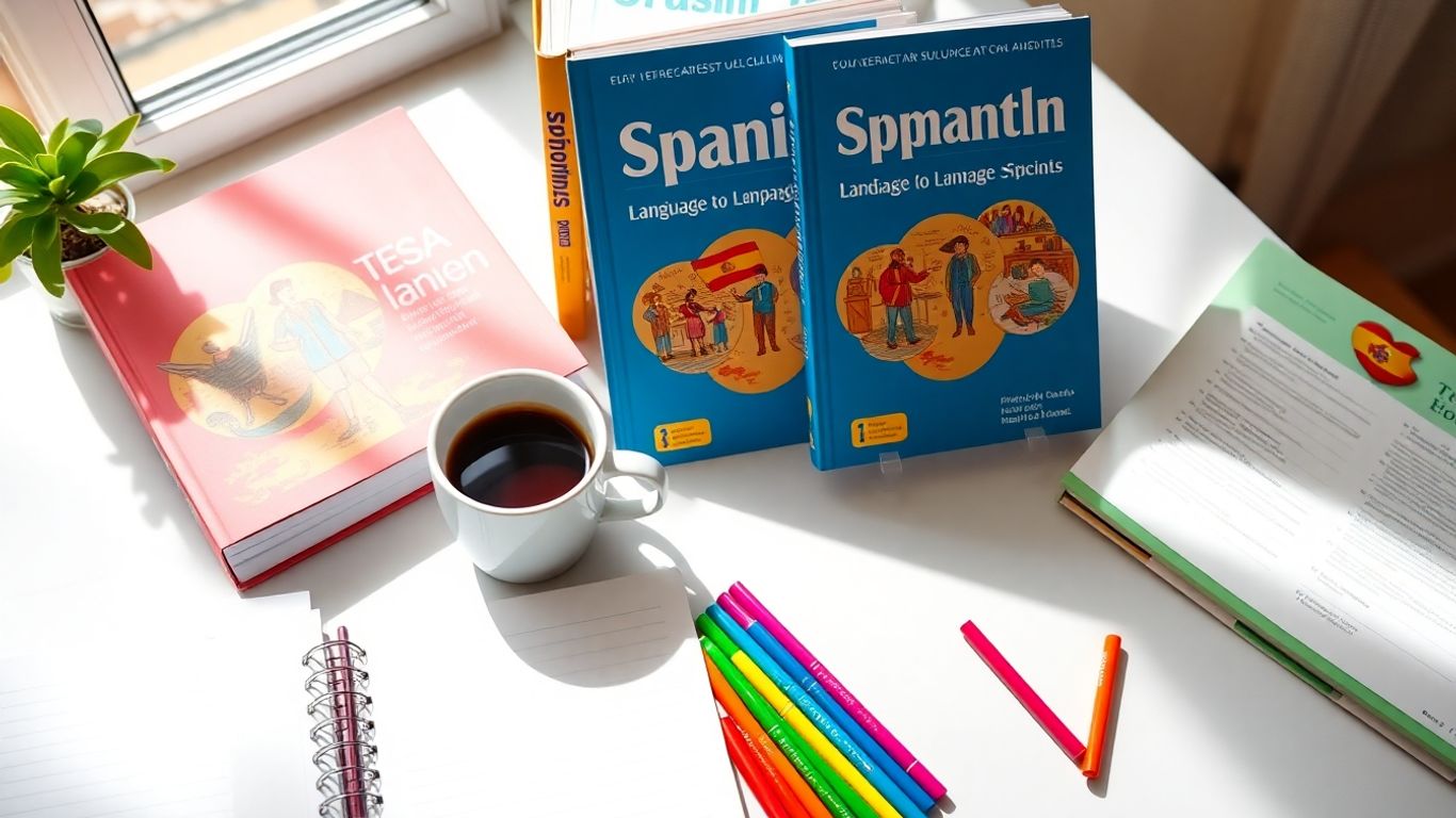 Materiales coloridos para estudiar español en una mesa luminosa