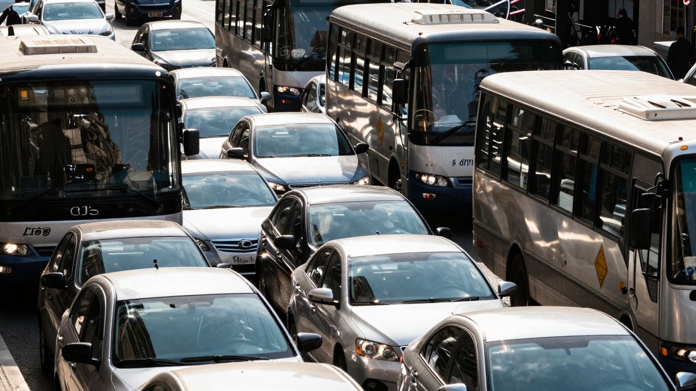 Mașini blocate în trafic pe o stradă aglomerată.