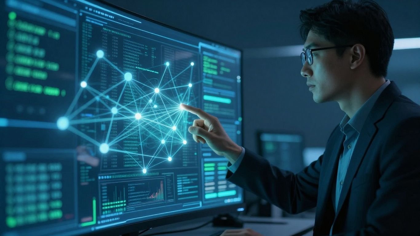 Digital security analyst monitoring network data streams.