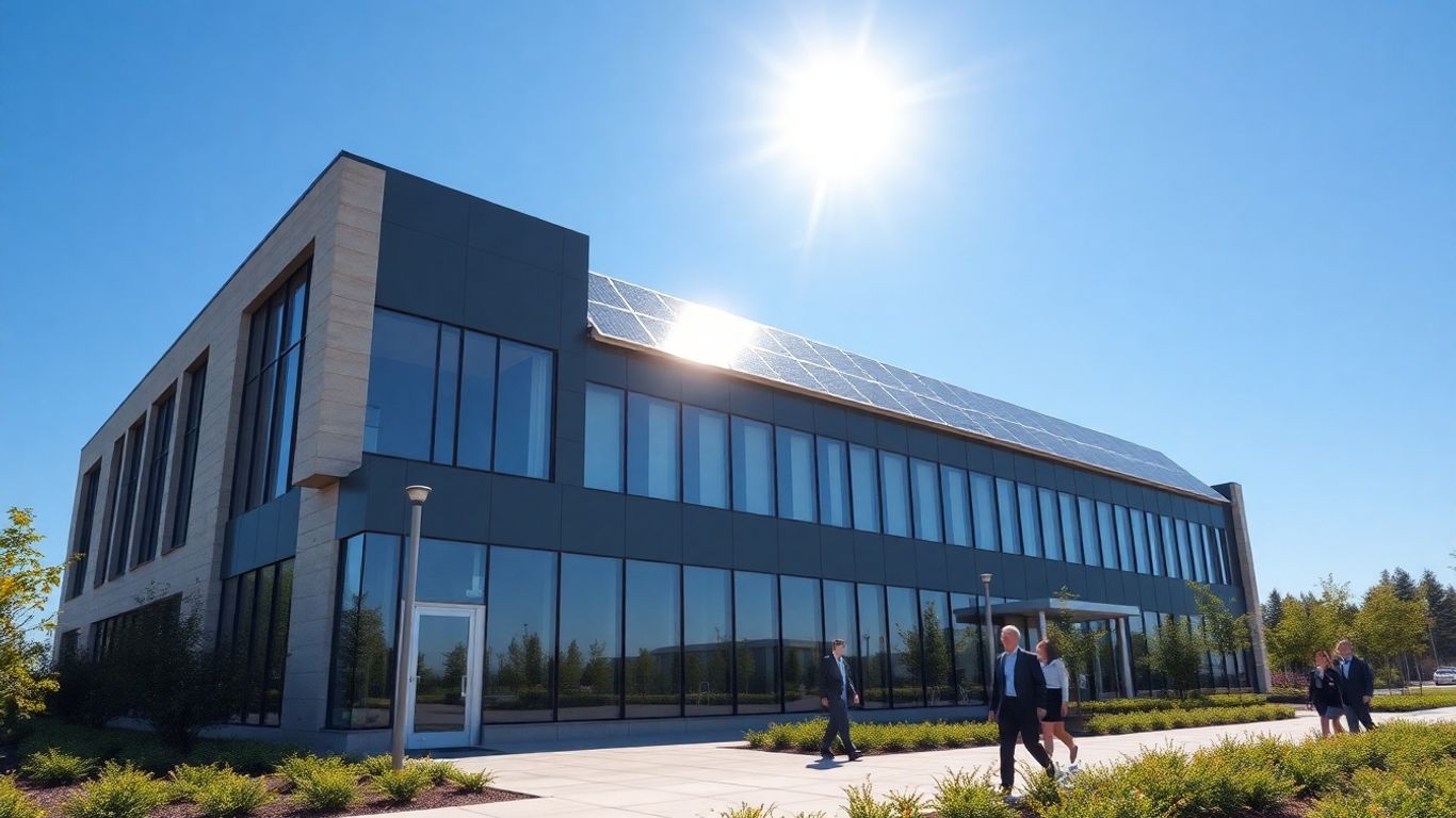 Business building with solar panels on a sunny roof.