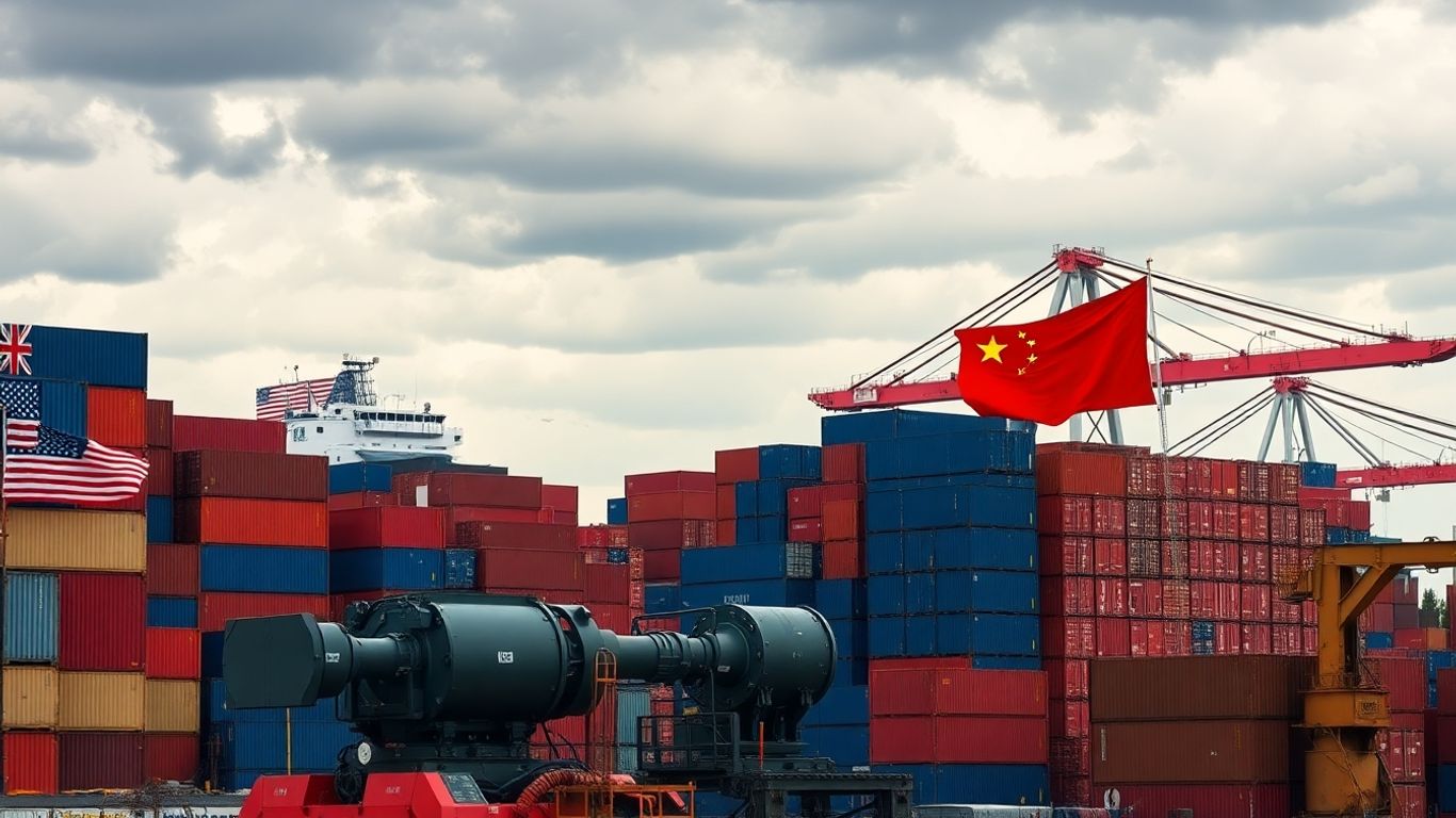 Port, conteneurs, drapeaux américain et chinois, ciel nuageux