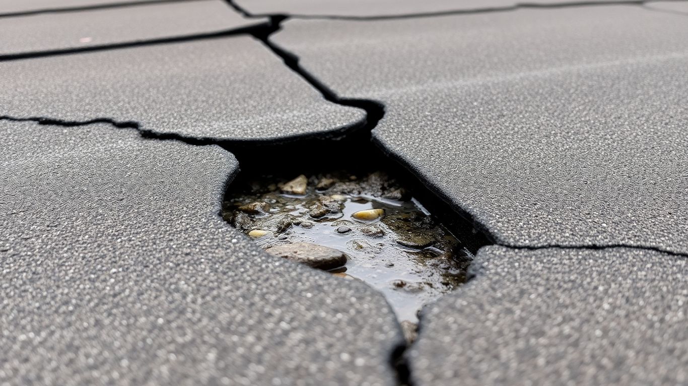Cracked roof membrane with visible water damage.