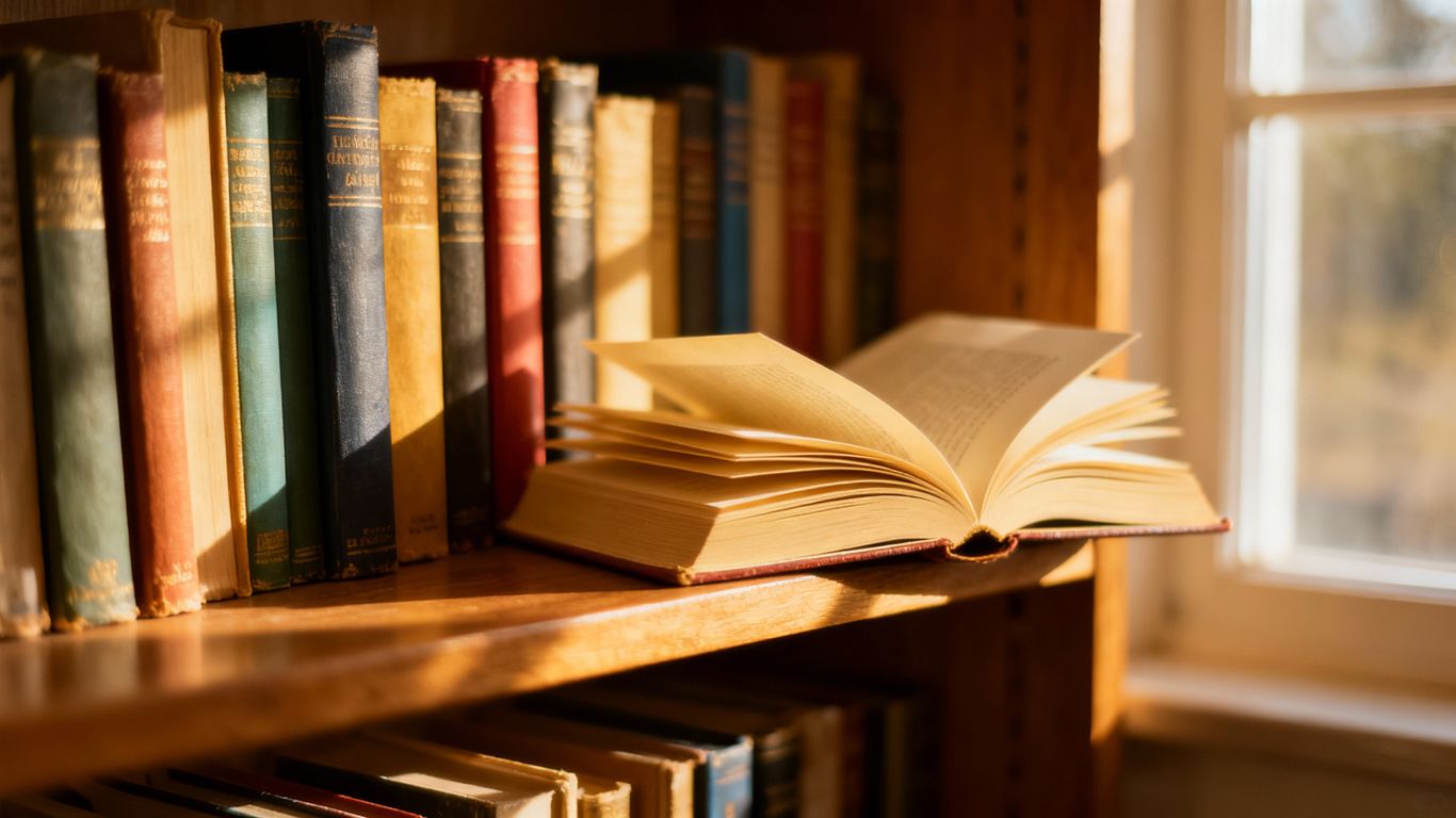 Books about love, open and closed, in warm light.