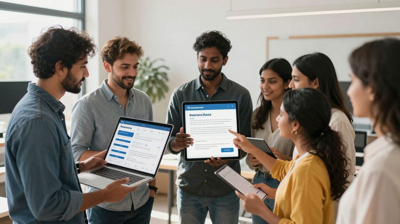 People browsing insurance plans on screens.