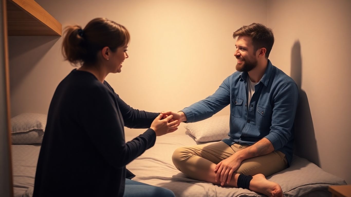 Person offering comfort to another in a hostel.