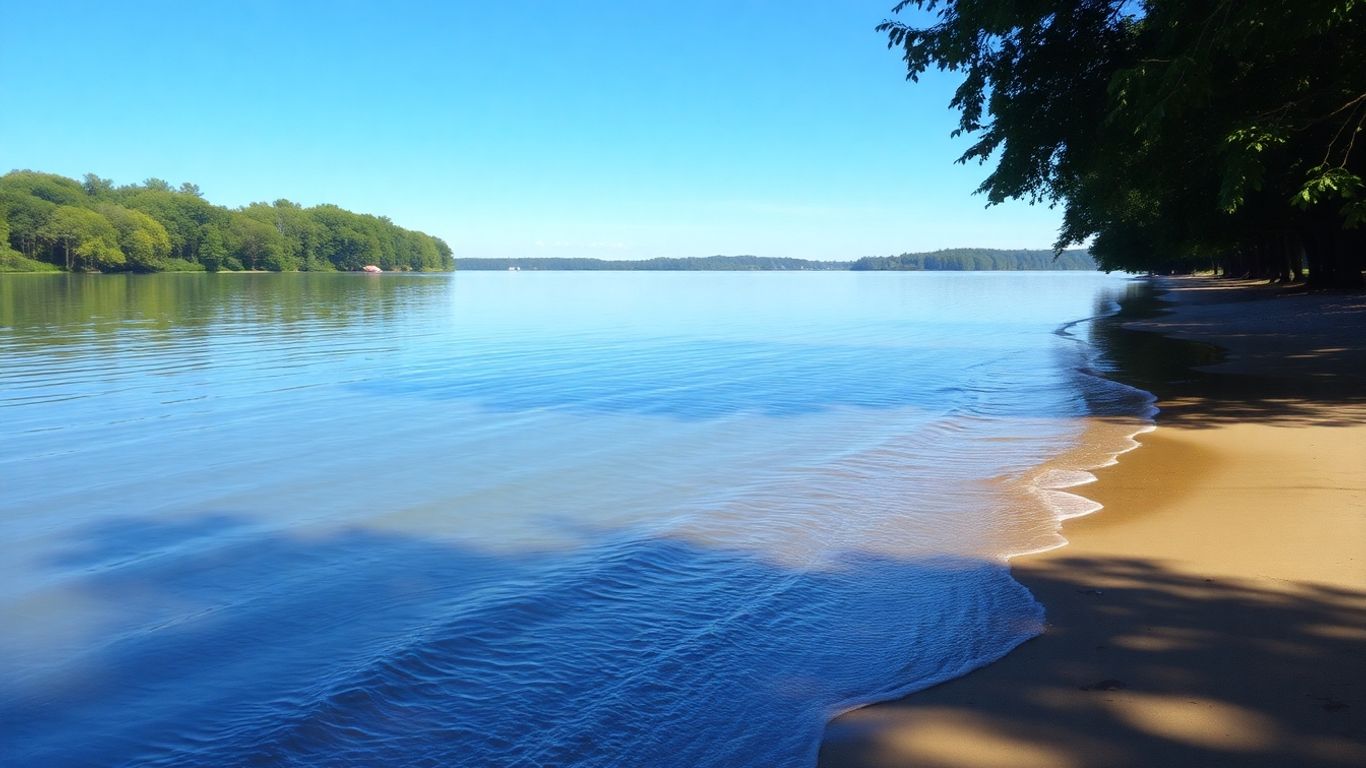 Calm lake reflecting a clear blue sky with green trees.