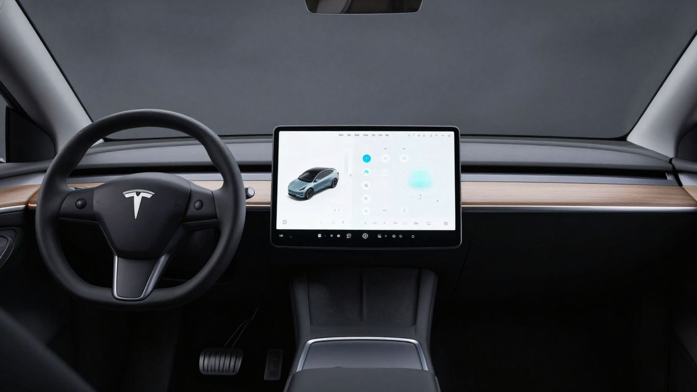 Futuristic Tesla interior with glowing touchscreen interface.