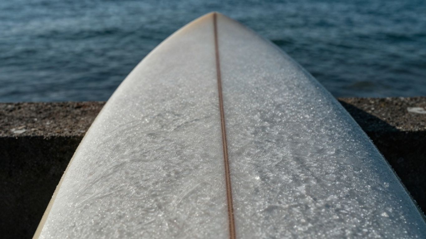 Surfboard tail detail with water reflection