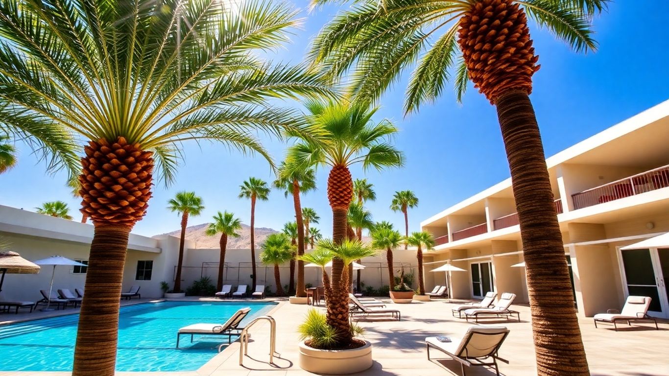 Parker Palm Springs hotel pool with palm trees and lounge chairs.