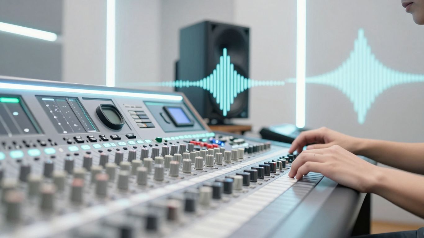 AI music production studio with glowing lights and equipment.