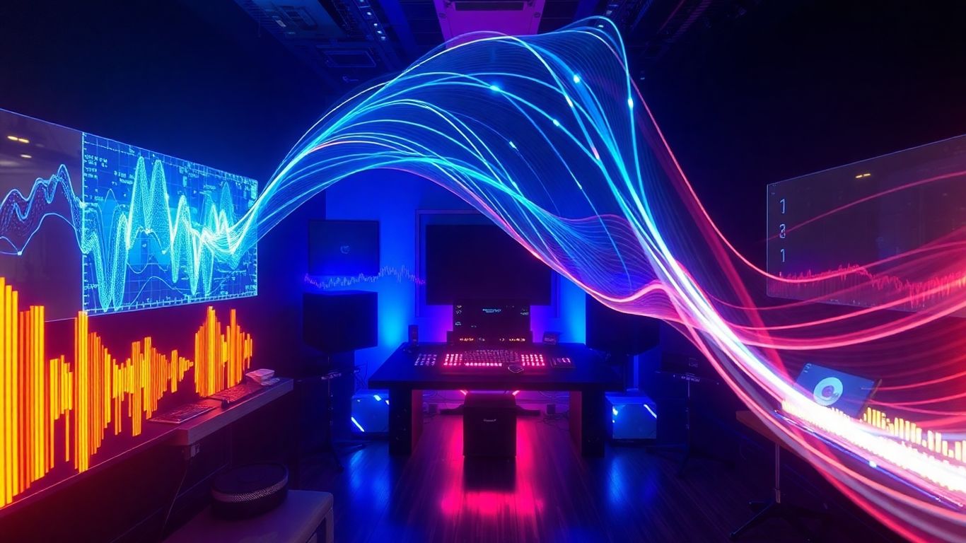 AI music production interface with sound waves and light trails.