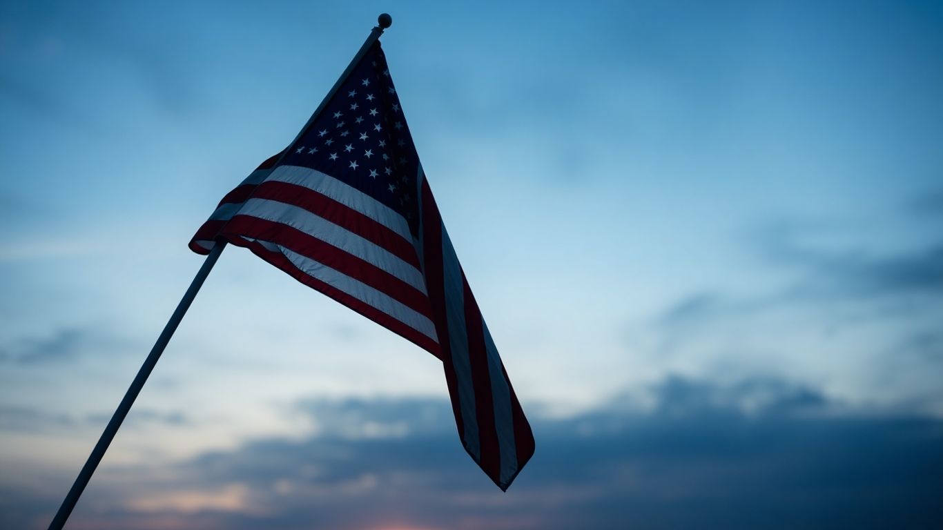 American flag waving, sky changing colors.