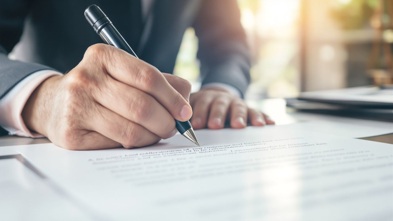 Hands signing a legal document.