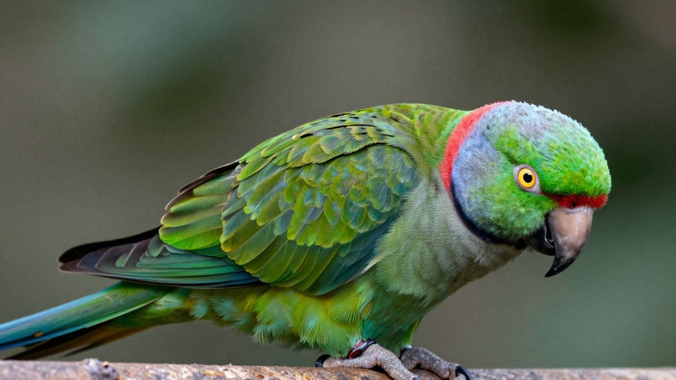Alexandrine parakeet with green feathers and red collar.
